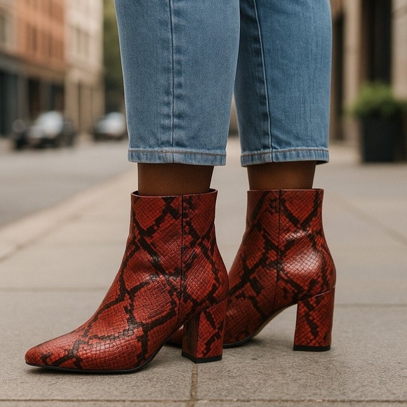 Bar III Red Snake Skin Print Pointed Toe Slip On Zip‎ Block Heel Bootie Size 7.5 - Picture 1 of 10